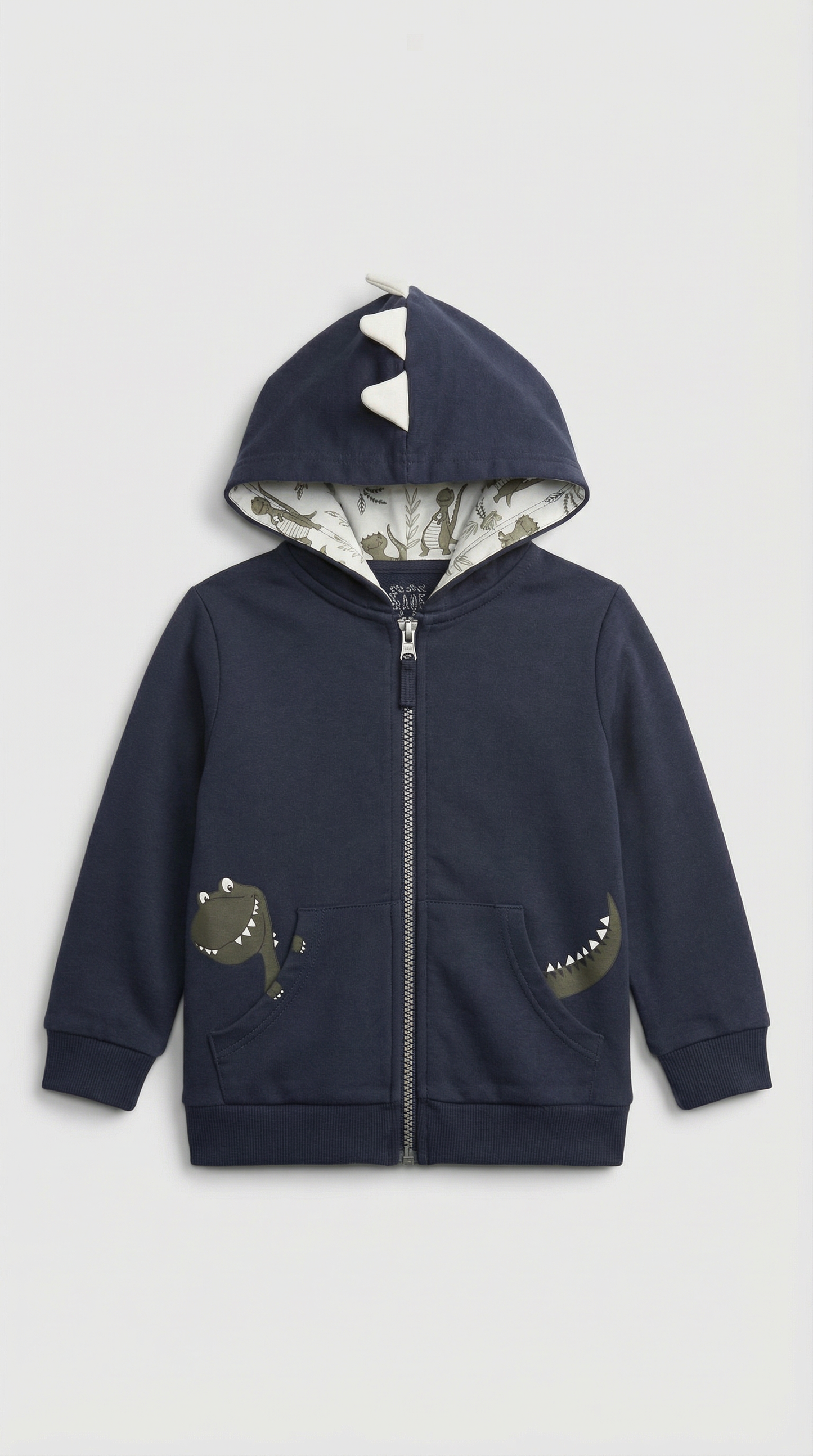 Navy blue zip-up hoodie with dinosaur horns on hood and dinosaur face pockets, size 2T