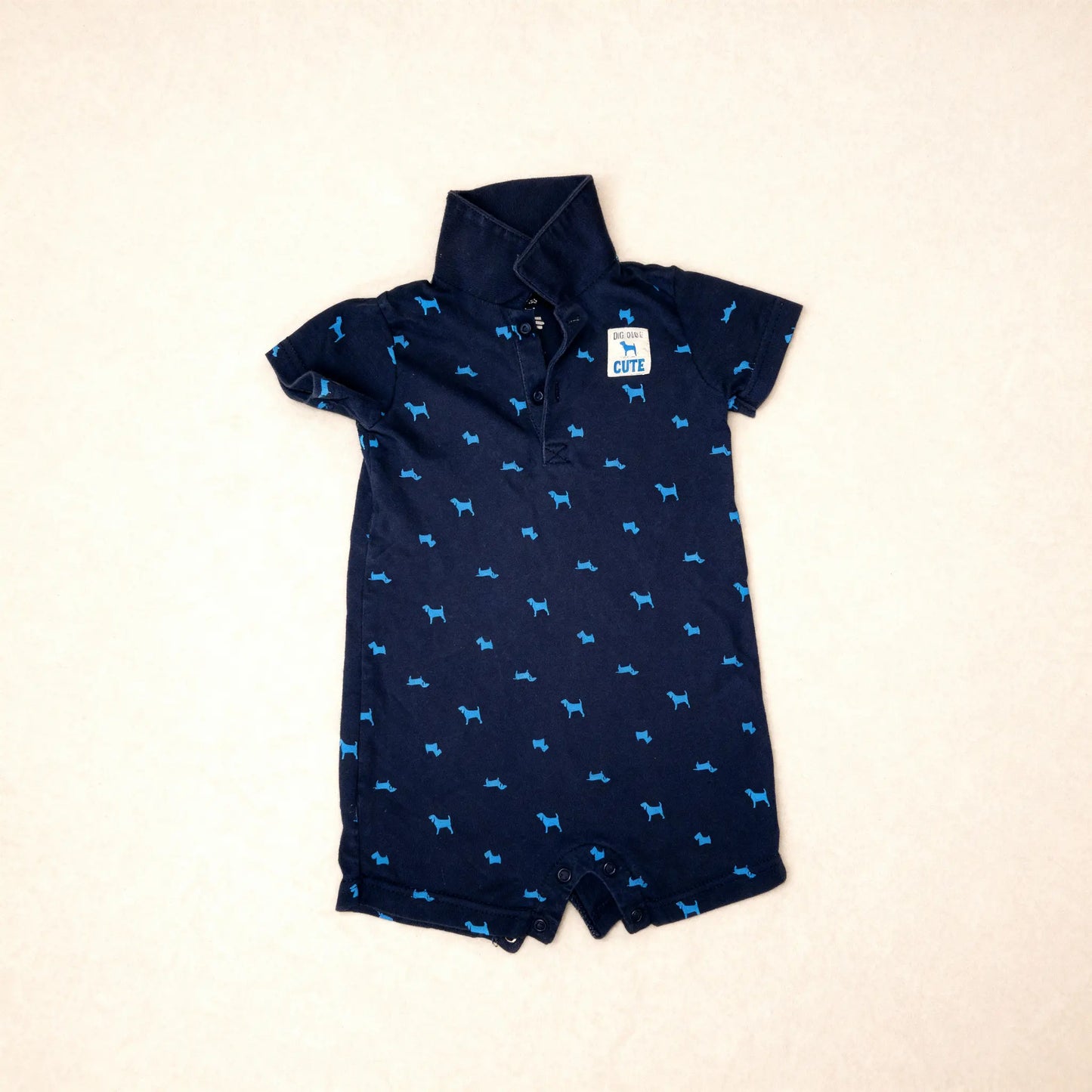 'Big Deal in Cute' Dog Print Polo Romper - Navy (18M)