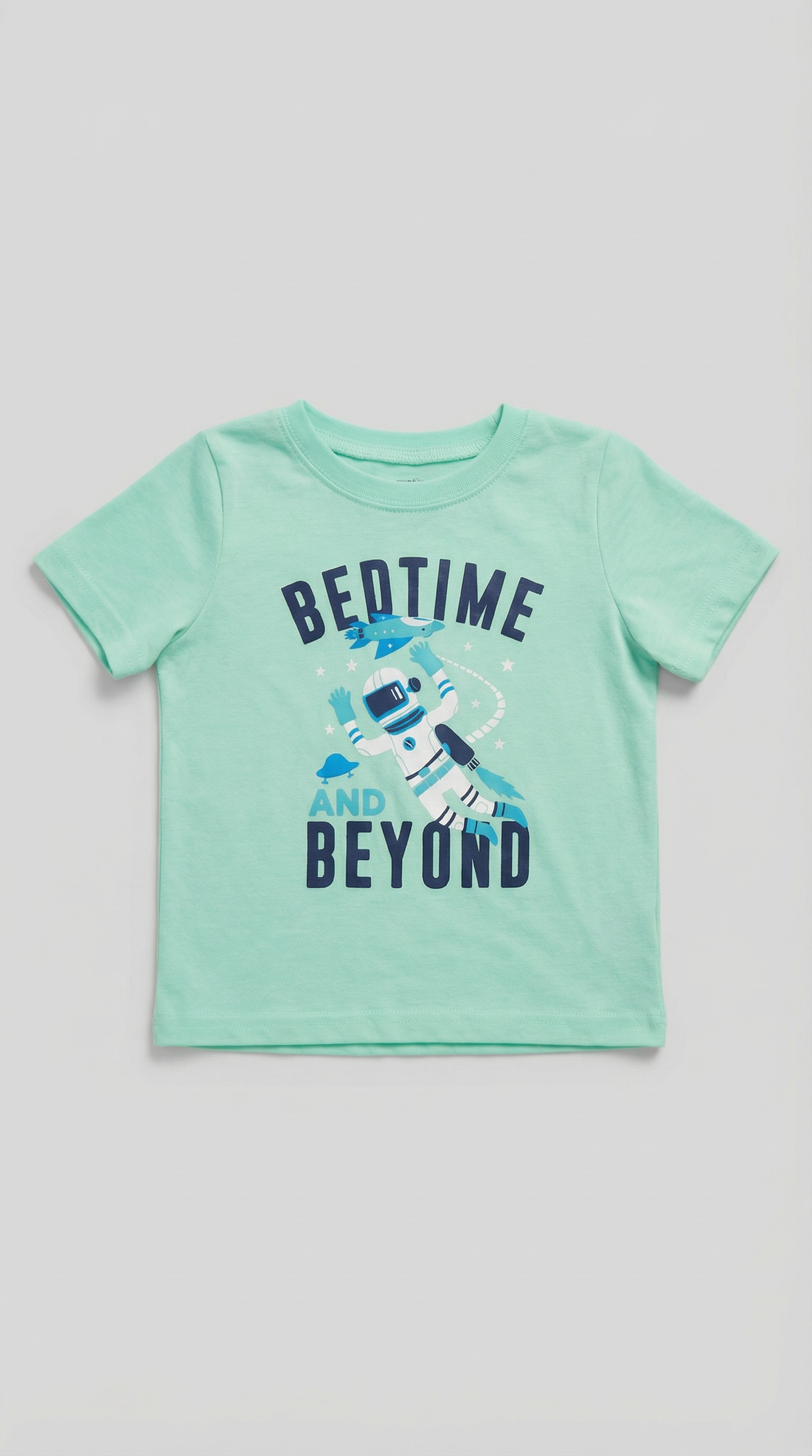 Light mint blue t-shirt with astronaut graphic and 'Bedtime and Beyond' text, size 2T