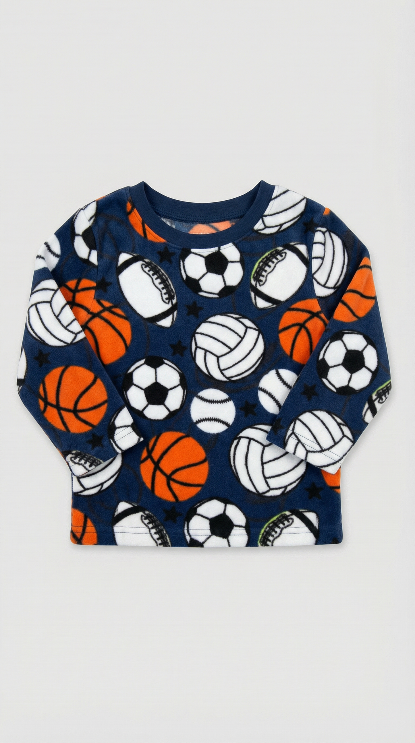 Dark blue fleece pullover with all-over sports balls pattern, size 2T