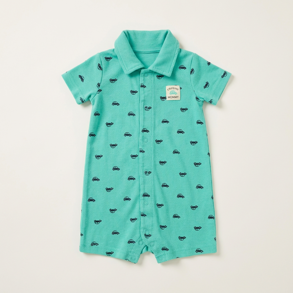 'Cruising with Mommy' Car Print Romper - Aqua (18M)