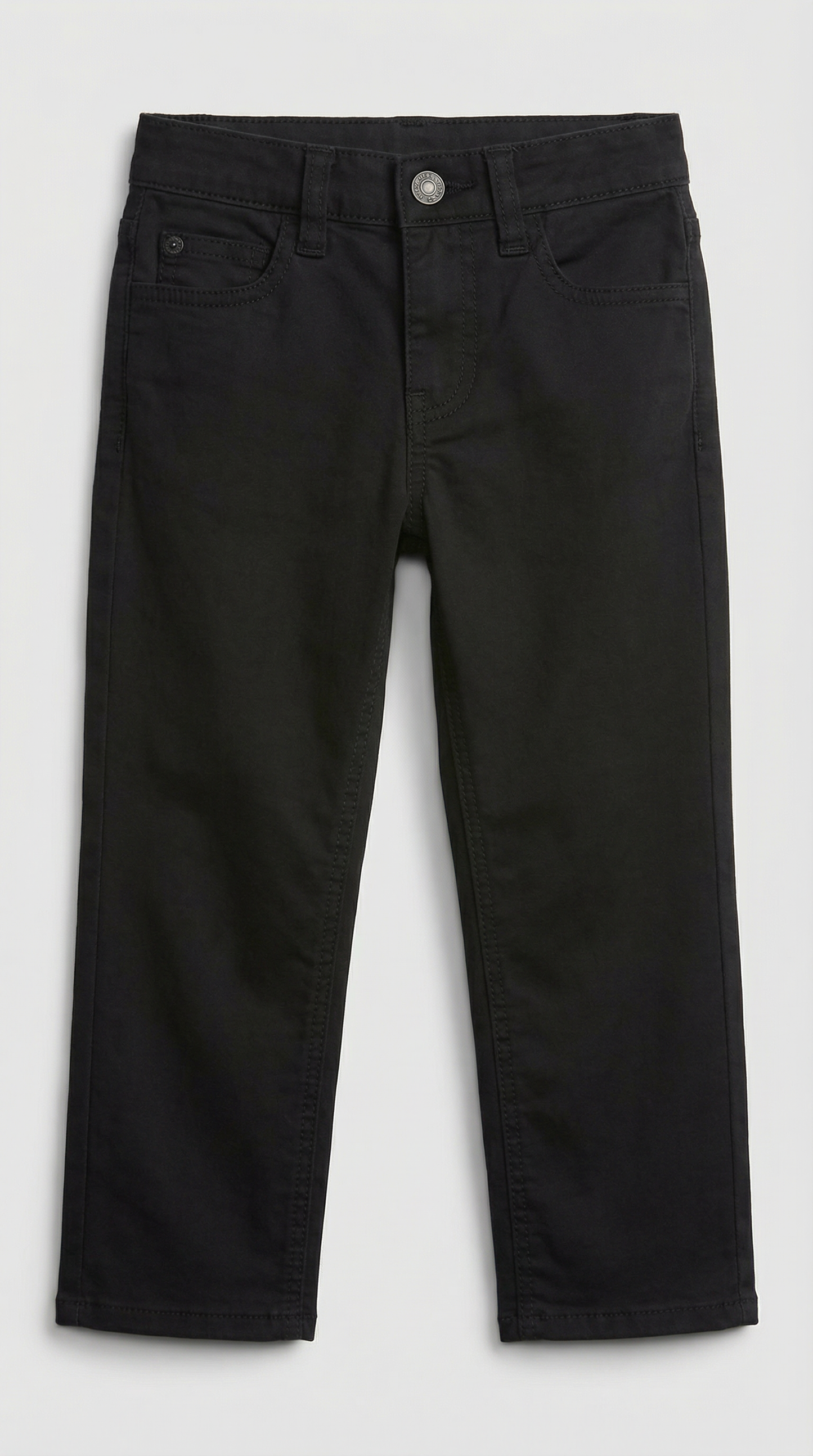 Black slim-fit pants with button closure and front pockets, size 2T