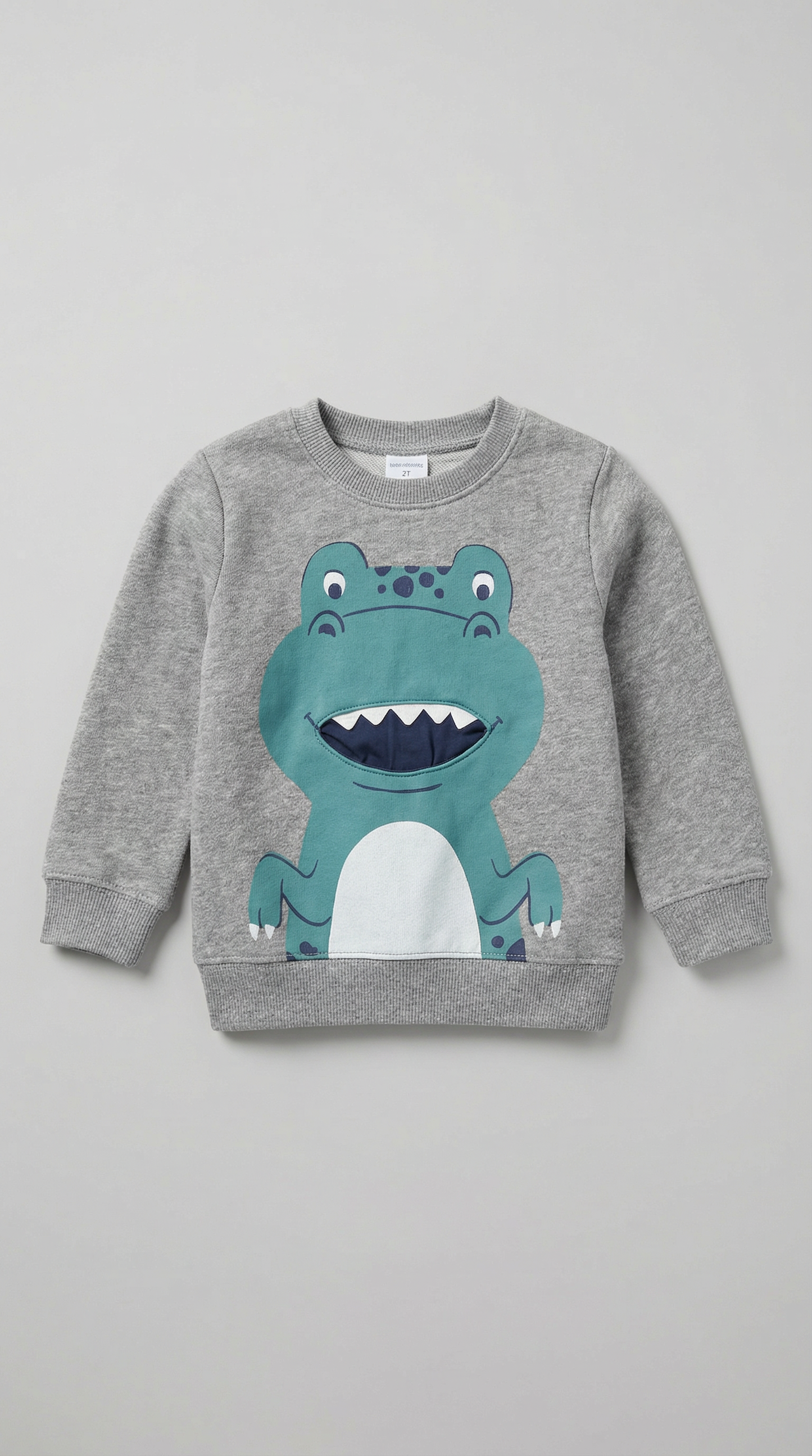 Gray sweatshirt with dinosaur chomp graphic design, size 2T