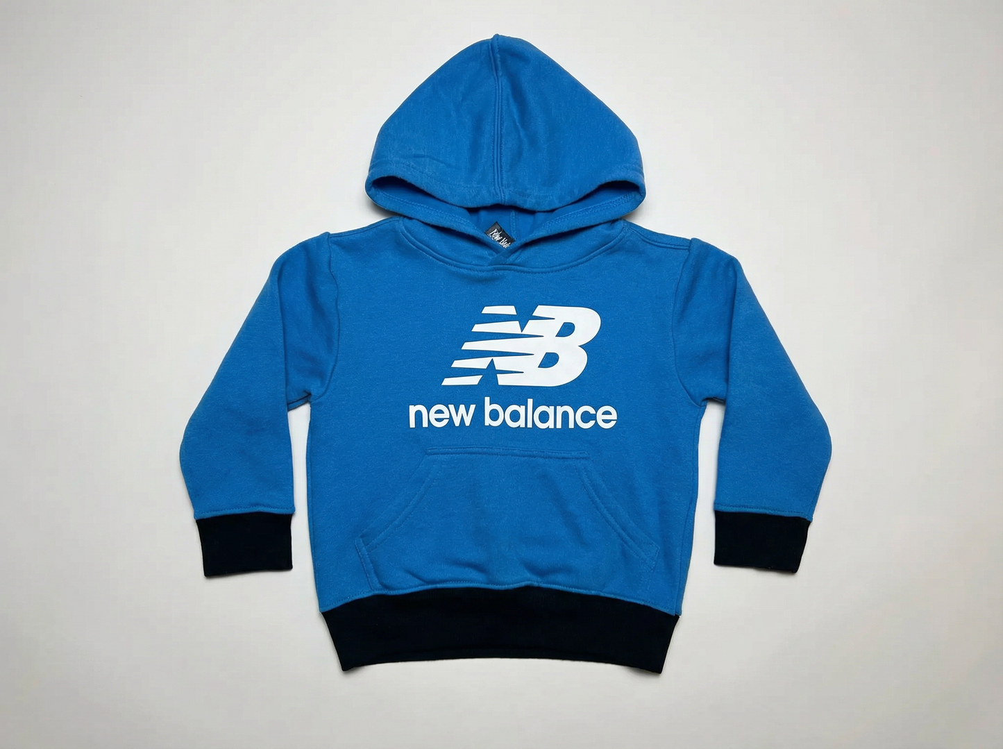 Royal blue New Balance fleece hoodie with white logo, size 3T, with black sleeve and waist trim