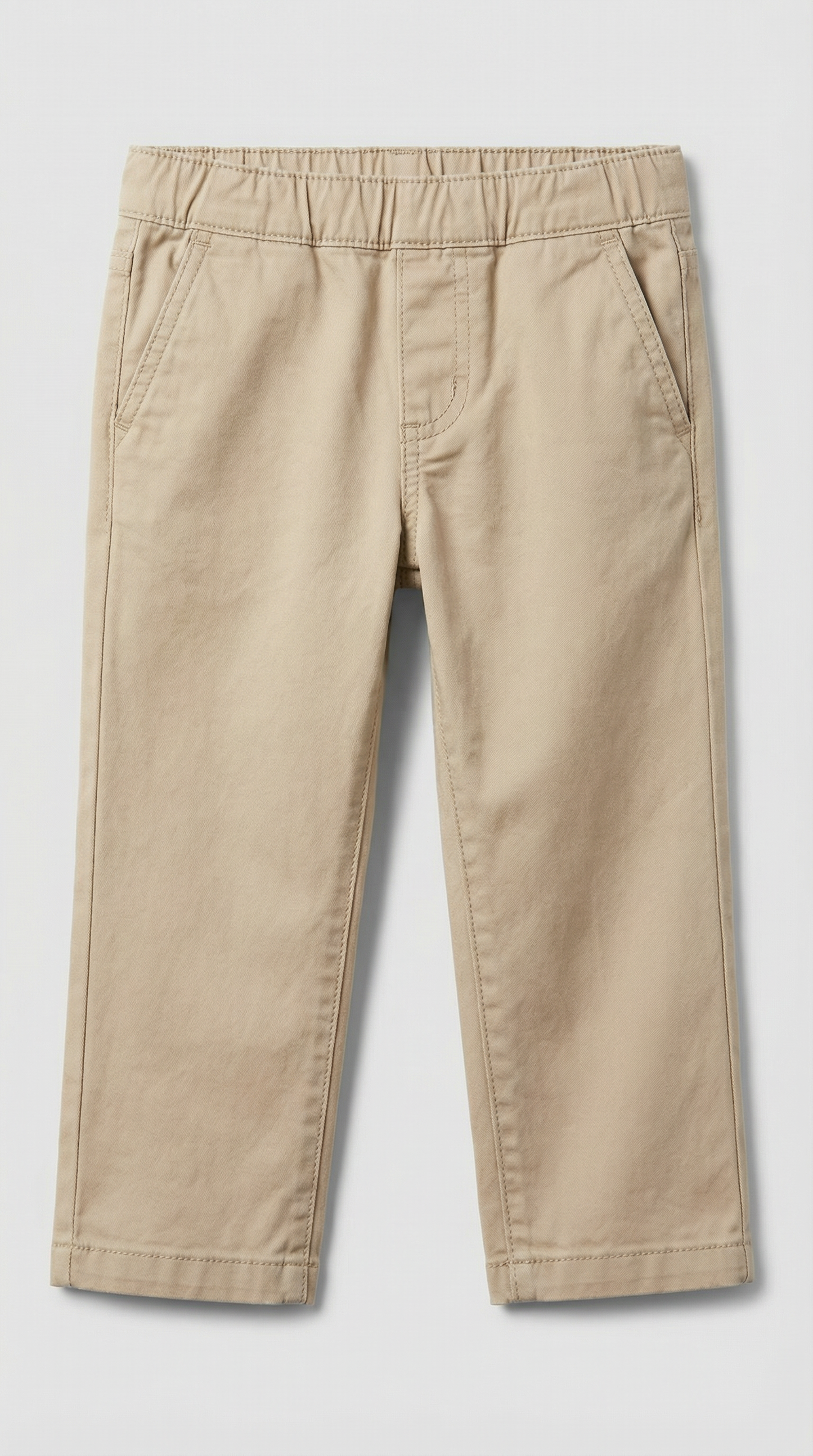 Classic beige khaki pants with elastic waistband and front pockets, size 2T