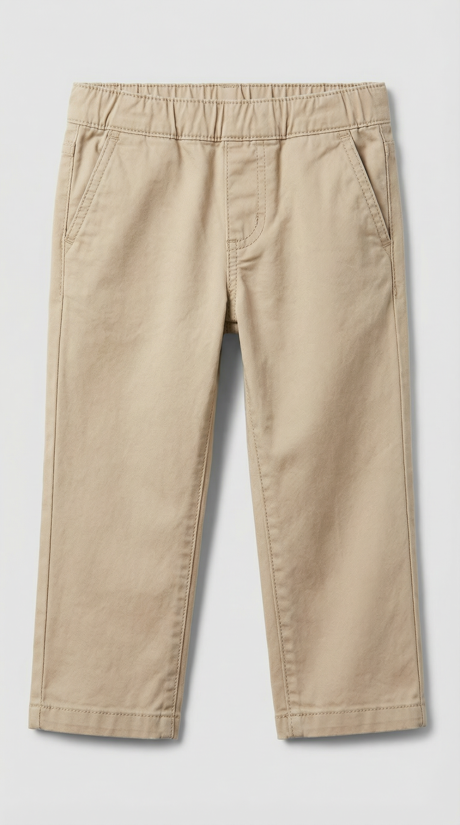 Classic beige khaki pants with elastic waistband and front pockets, size 2T