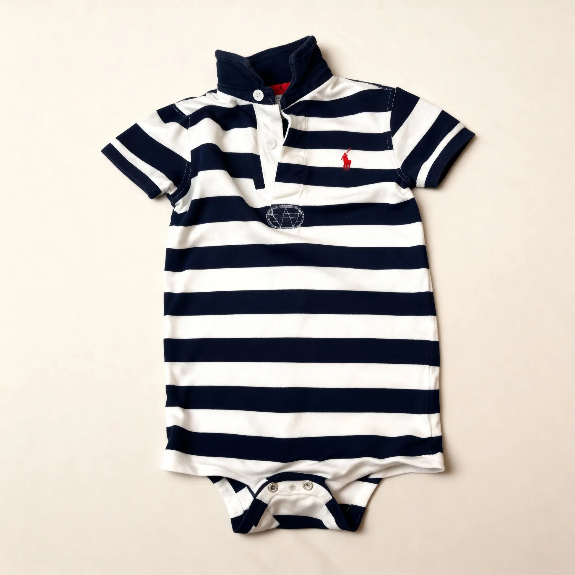 Ralph Lauren Navy & White Striped Polo Romper (18M)