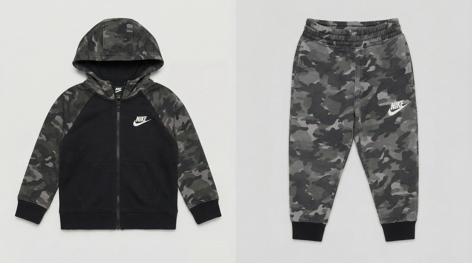 Nike matching set with black and camo zip-up hoodie and camo joggers, size 2T