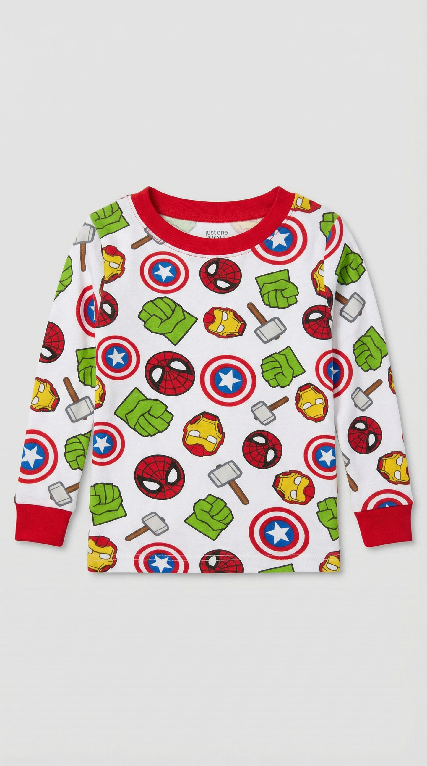 White and red Marvel Avengers pajama top with superhero graphics, size 2T