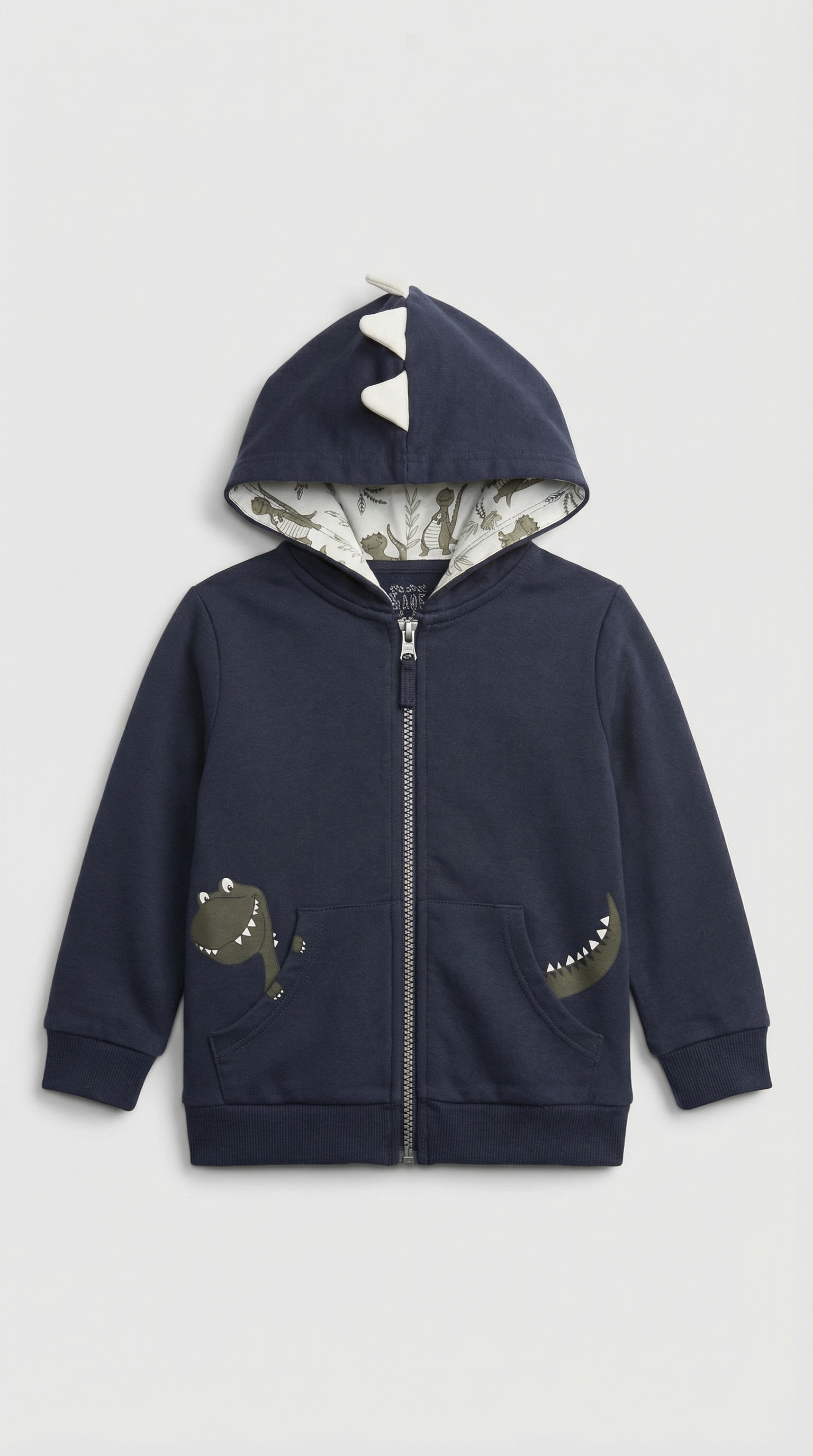Navy blue zip-up hoodie with dinosaur horns on hood and dinosaur face pockets, size 2T