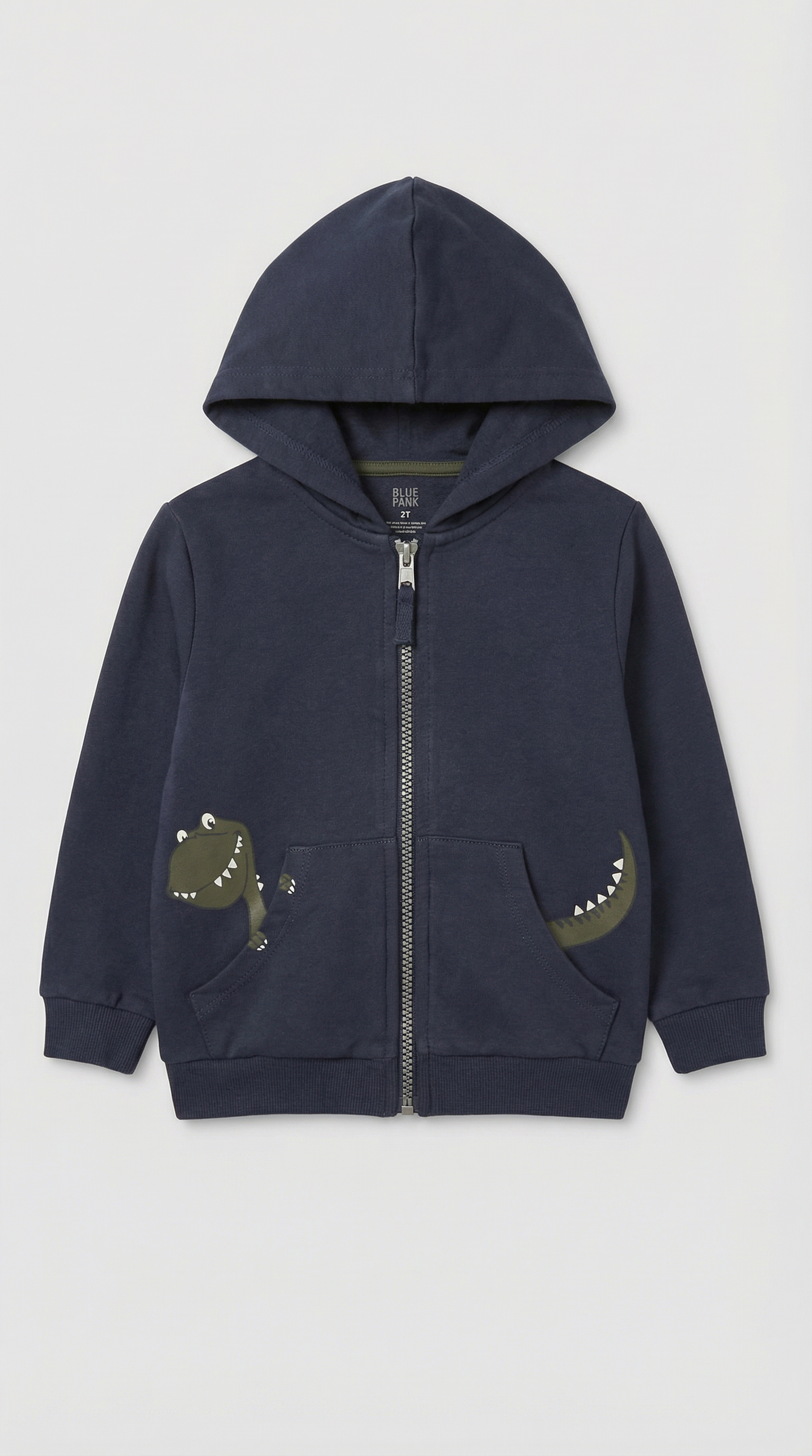 Dark colored zip-up hoodie with dinosaur design details, size 2T