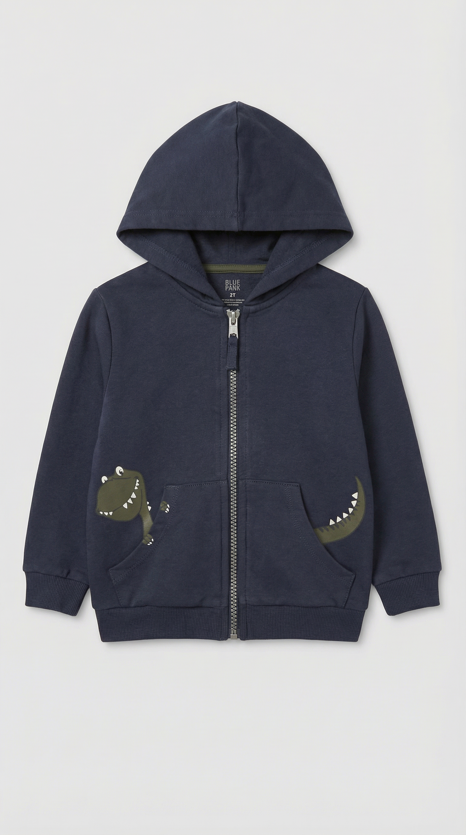 Dark colored zip-up hoodie with dinosaur design details, size 2T