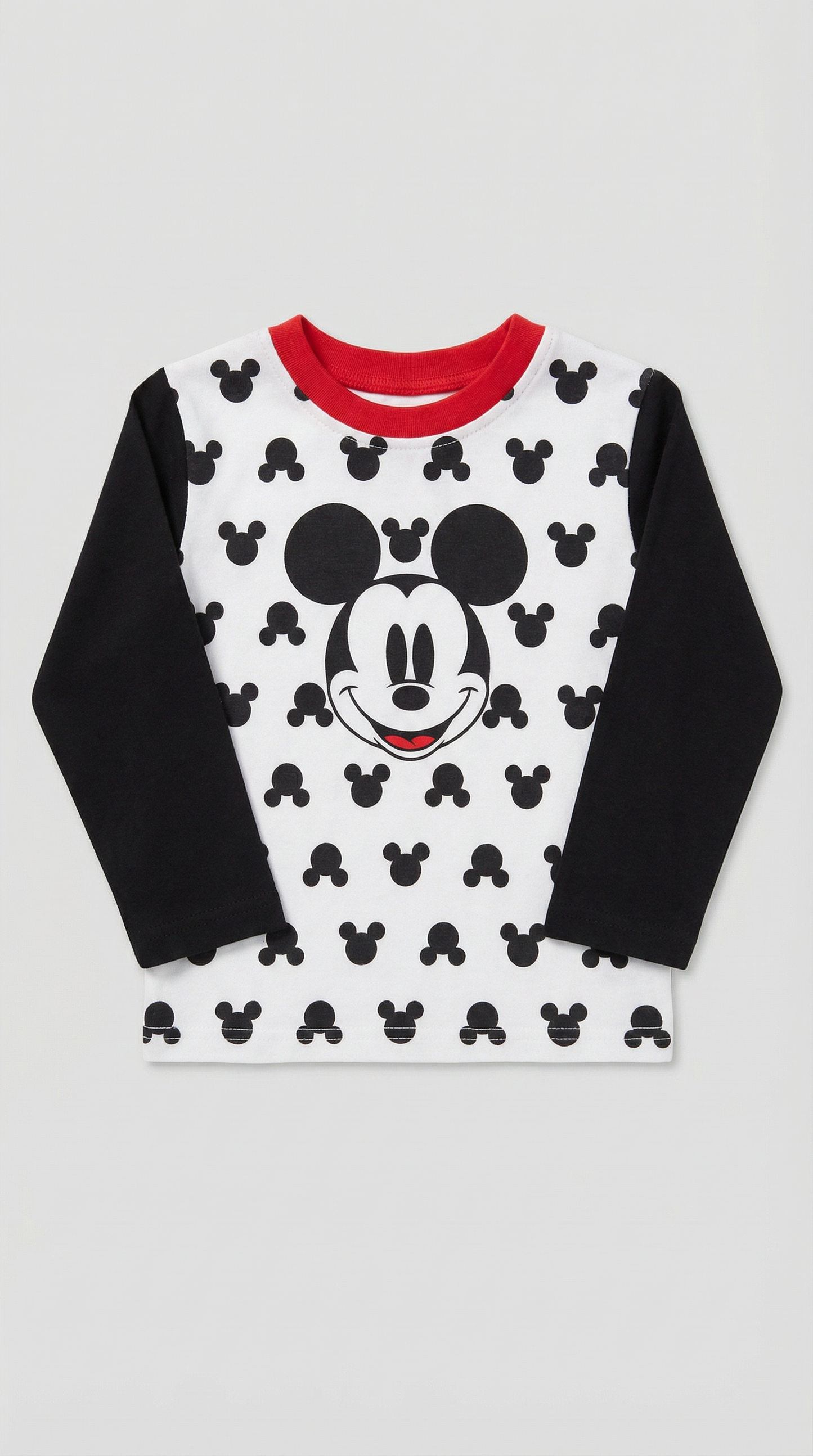 Black and white Mickey Mouse long-sleeve shirt with red collar, size 2T