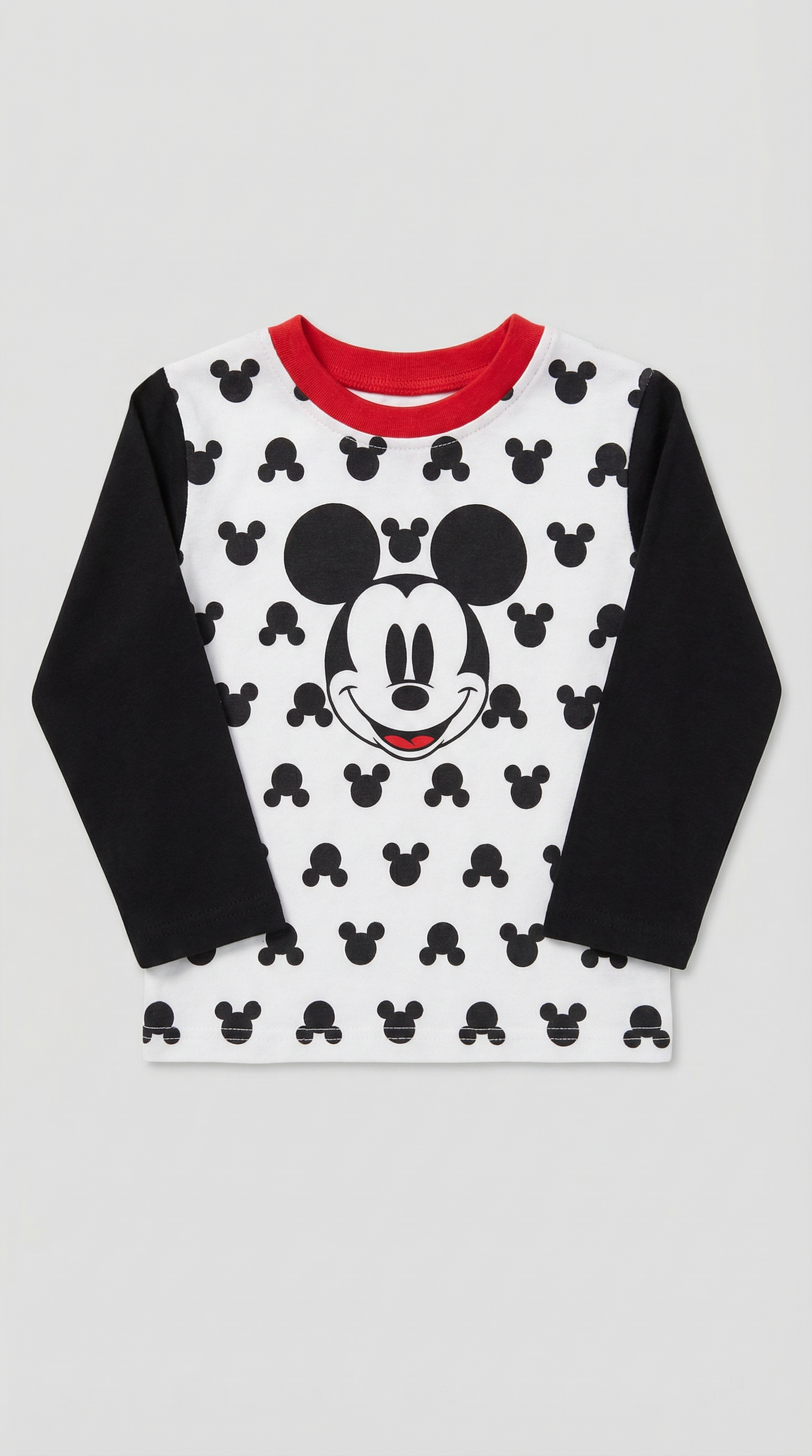 Black and white Mickey Mouse long-sleeve shirt with red collar, size 2T