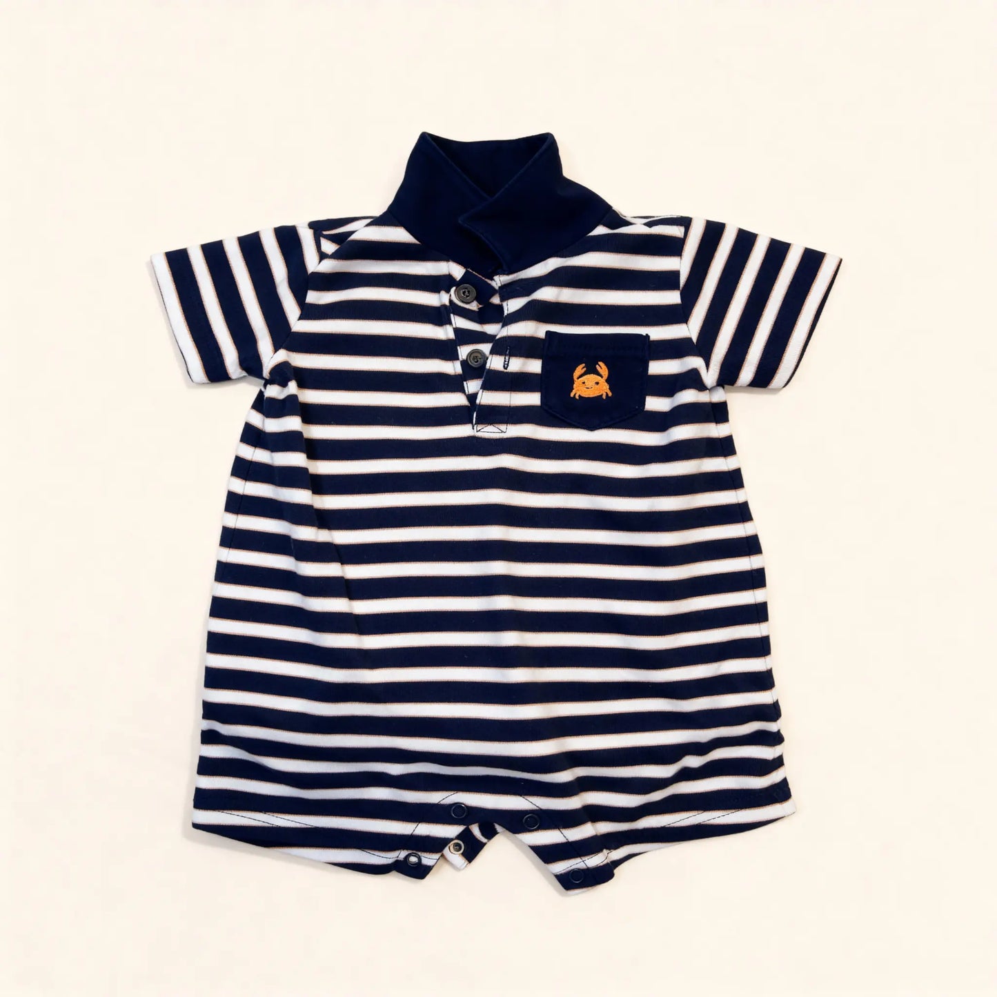 Navy & White Striped Romper with Crab Pocket (18M)