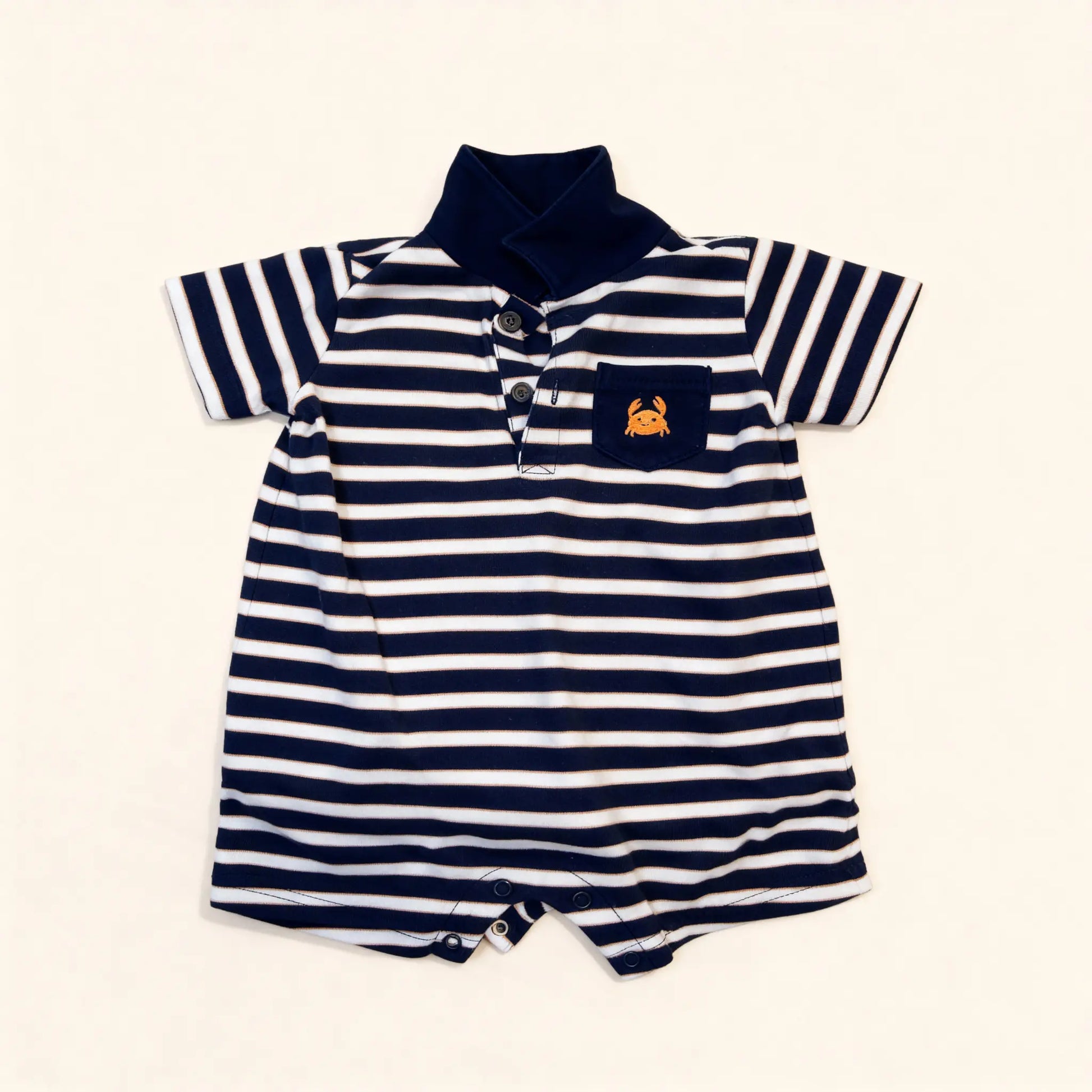 Navy & White Striped Romper with Crab Pocket (18M)