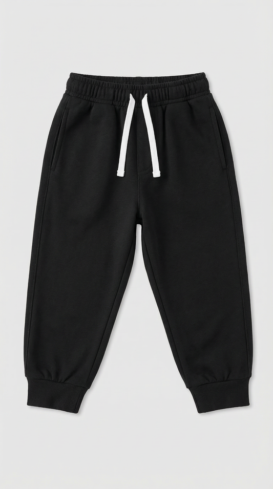 Black jogger pants with white drawstring and elastic cuffs, size 2T