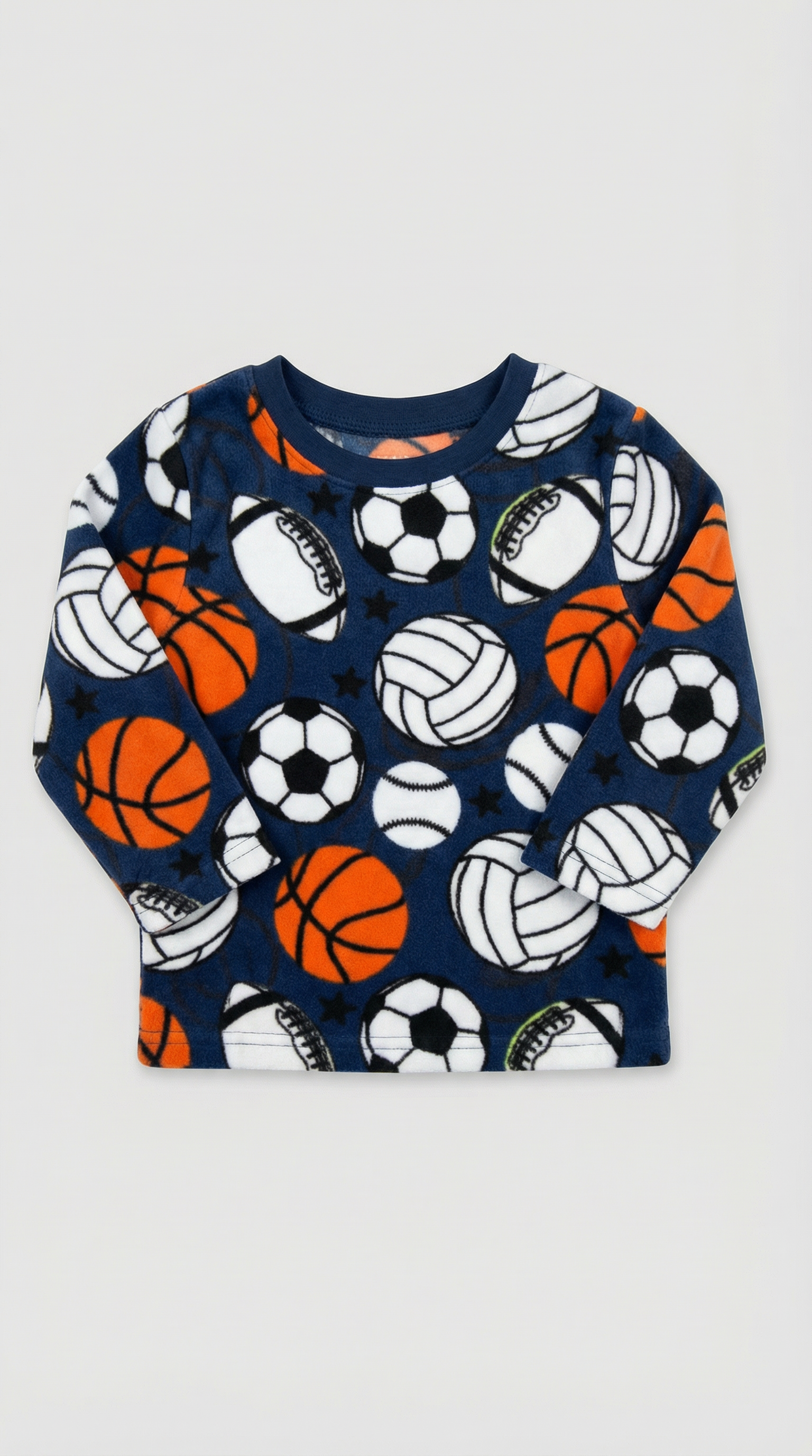 Dark blue fleece pullover with all-over sports balls pattern, size 2T