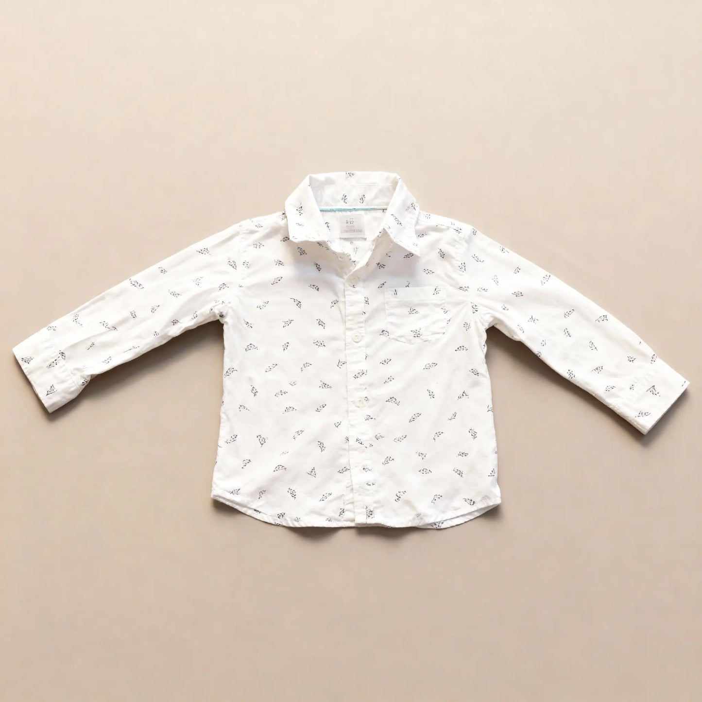 White Button-Down Shirt with Botanical Leaf Print (18M)