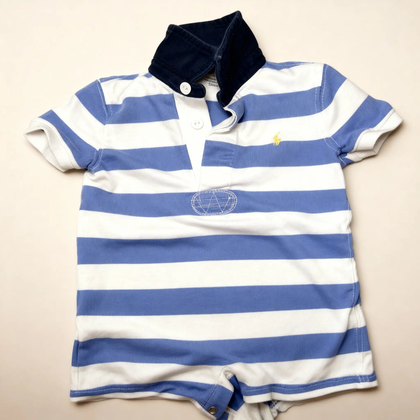 Ralph Lauren Blue & White Striped Polo Romper with Navy Collar (18M)