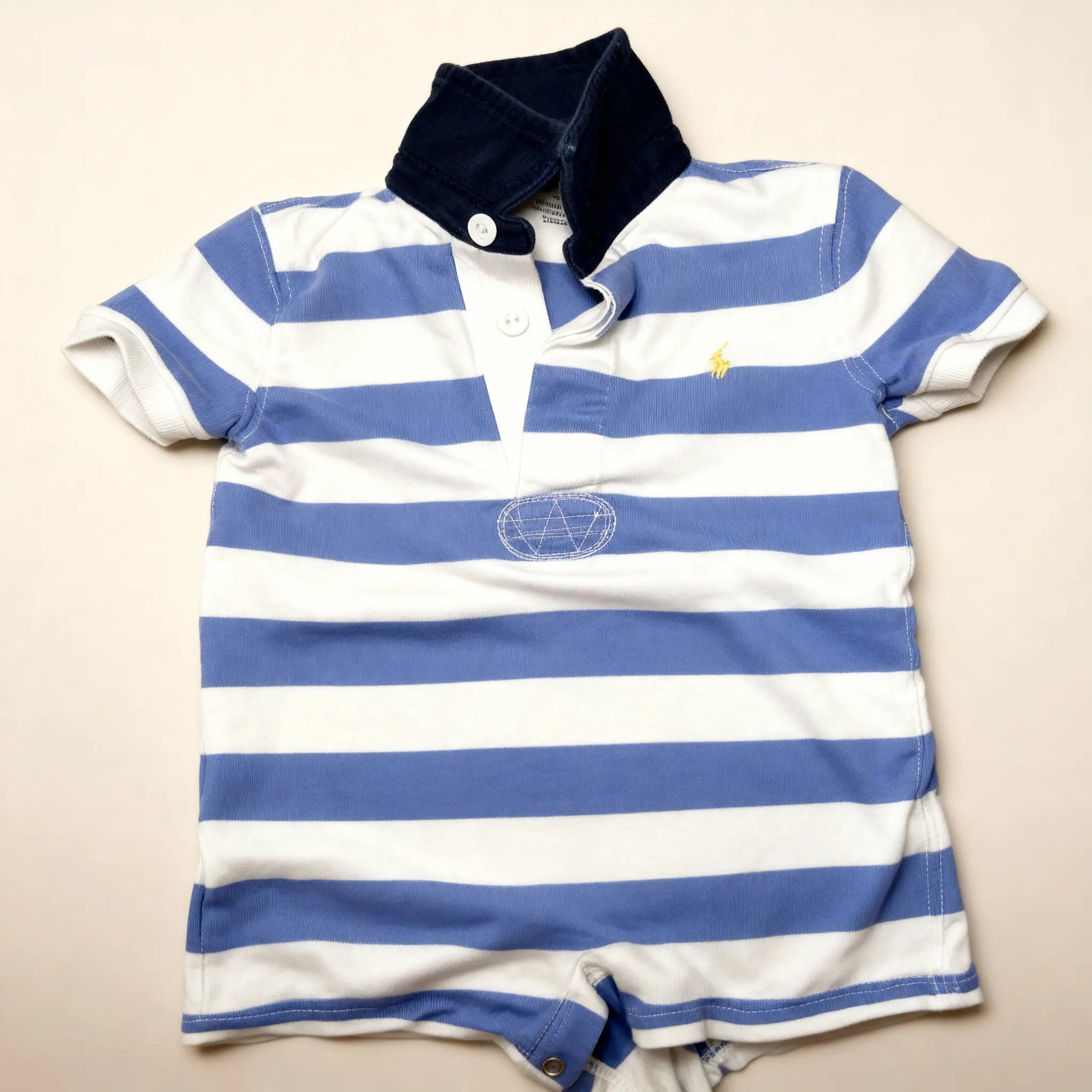 Ralph Lauren Blue & White Striped Polo Romper with Navy Collar (18M)